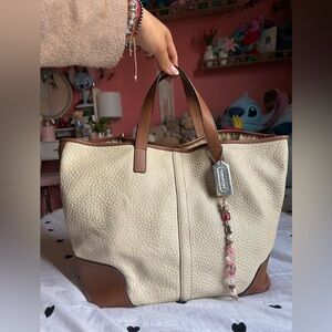 Coach Cream and Brown Leather Tote with Signature Tag